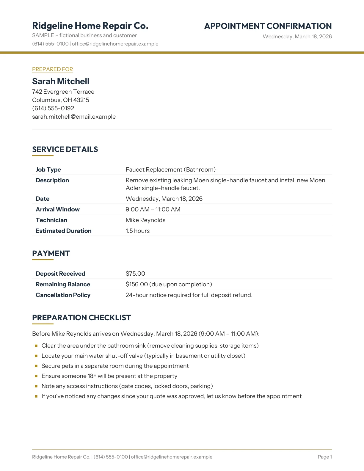 Page one of a sample appointment confirmation