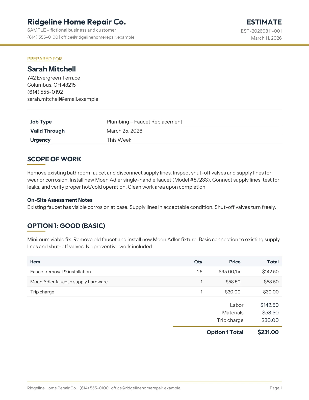 Page one of a sample estimate