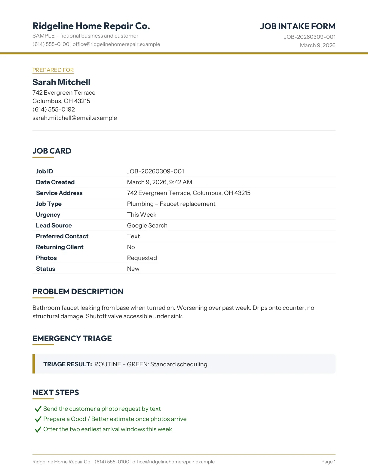 Page one of a sample job intake form