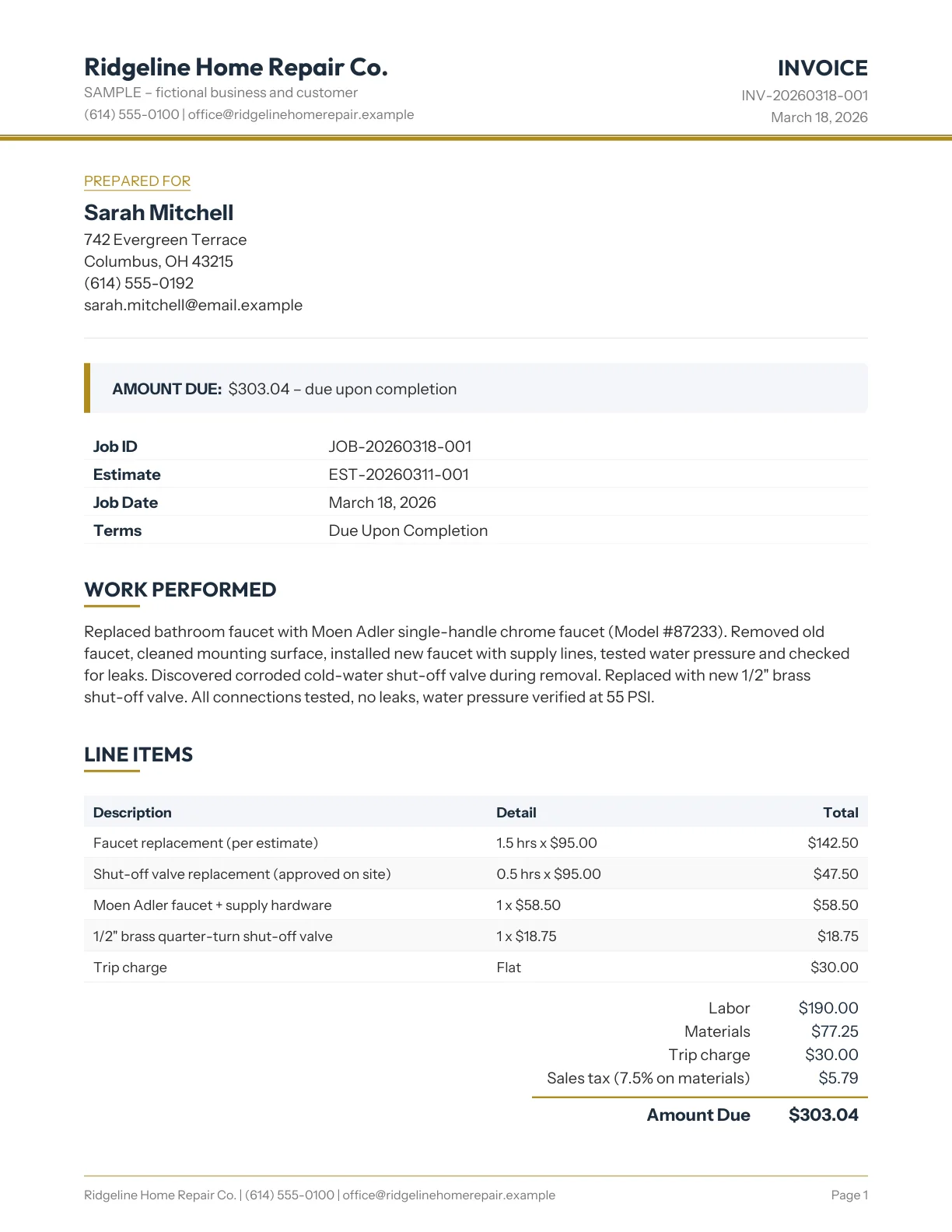 Page one of a sample invoice